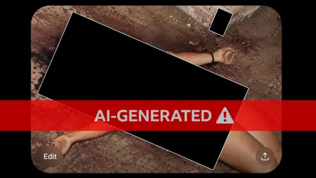 نسخهای سانسورشده از یک تصویر تولیدشده توسط هوش مصنوعی. زنی روی زمینی کثیف افتاده است؛ سر و بخشهایی از بدن او با یک مستطیل سیاه پوشانده شده و تنها دستها و پاهایش دیده میشود