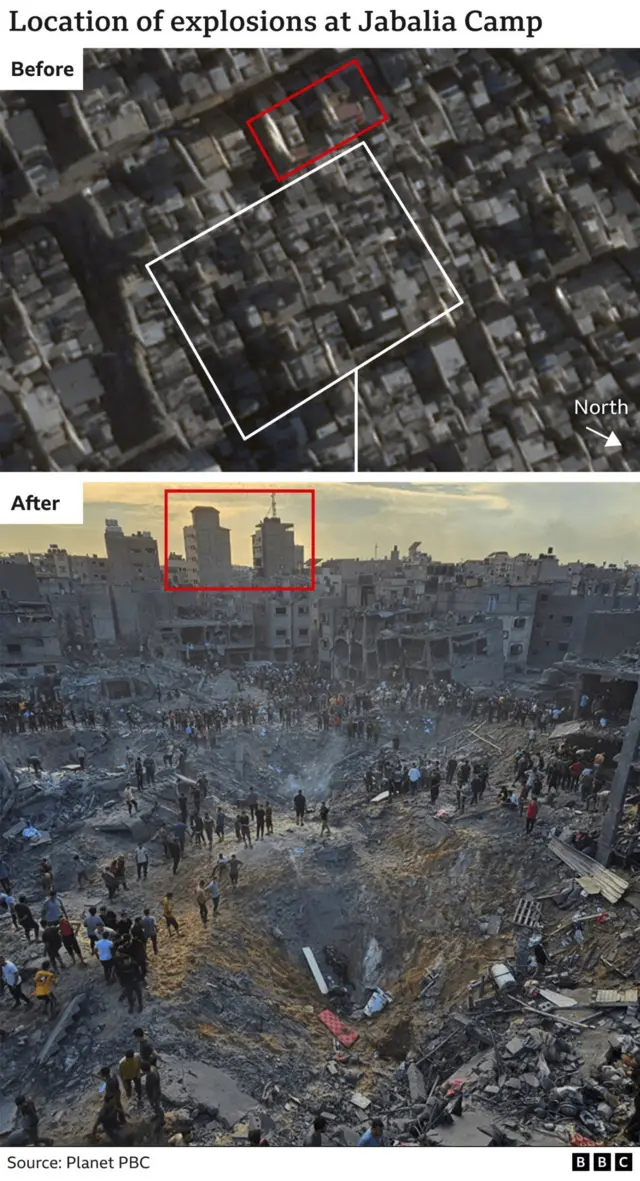 두개의 높은 건물의 위치를 촬영한 위성사진과 건물을 배경으로 10월 31일 폭발 후 분화구를 보여주는 사진