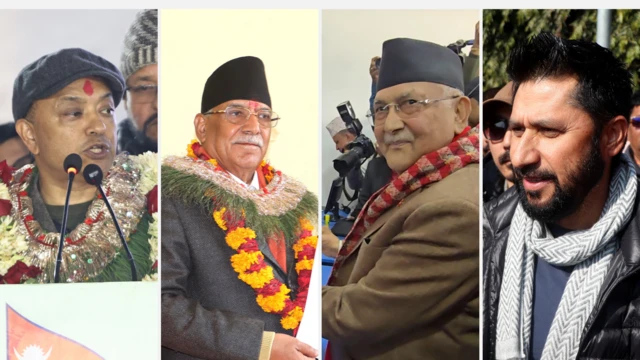 (बायाँबाट क्रमश:) नेका सभापति गगनकुमार थापा, नेकपा संयोजक प्रचण्ड, नेकपा एमाले अध्यक्ष केपी ओली र रास्वपा सभापति रबि लामिछाने