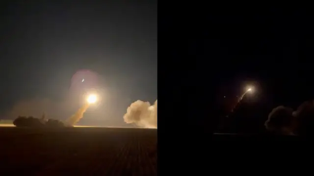 Нічний пуск ракети. На двох кадрах зафіксовано яскравий вогняний слід ракети, що підіймається в небо з наземної пускової установки. Біля місця старту помітні клуби диму, освітлені полум'ям двигуна. Зйомка ведеться з відстані над відкритою місцевістю.