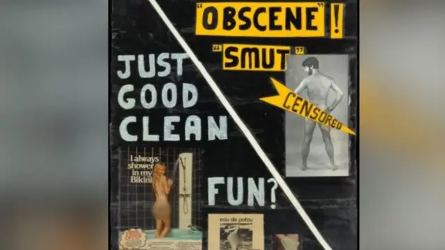Плакат, на котором слева изображена обнаженная блондинка, которая смотрит через плечо, пока принимает душ, и улыбается. Это вырезка из журнала, а над ней написано: «Просто хорошее развлечение?» Справа — спина обнаженного мужчины с надписью «цензура». Над ним написано «непристойно» и «грязно».