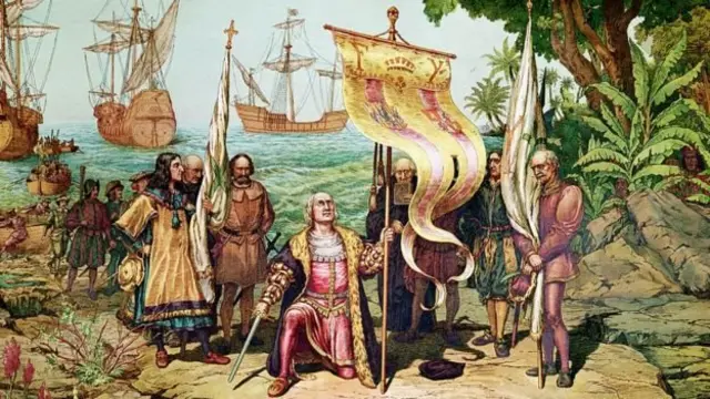 Esta imagen muestra la llegada de Colón a América en 1492. Hernando lo acompañó en su cuarto y último viaje, en 1502.