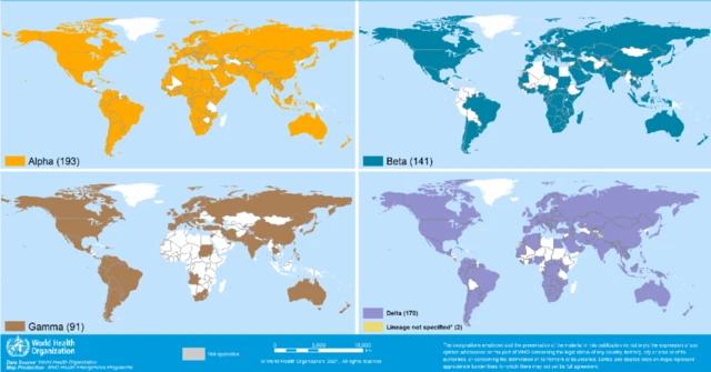 Countries, territories and areas reporting variants Alpha, Beta, Gamma and Delta, as of 31 August 2021