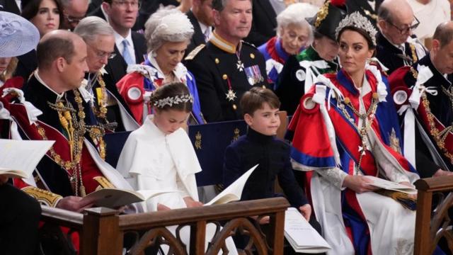 left to right) The Prince of Wales, Princess Charlotte, Prince Louis and the Princess of Wales at the coronation ceremony of King Charles III and Queen Camilla in Westminster Abbey, London. Picture date: Saturday May 6, 2023