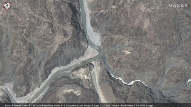 Satellite image shows the area near the Line of Actual Control (LAC) and Patrolling Point 14 in the eastern Ladakh sector June 22, 2020.