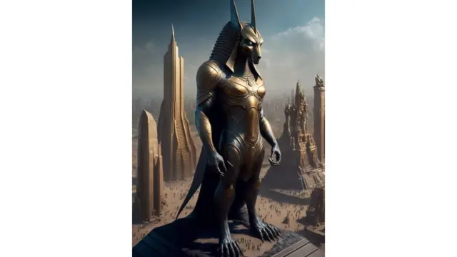 تمثال كبير يشبه الآثار المصرية القديمة لكن بشكل حديث