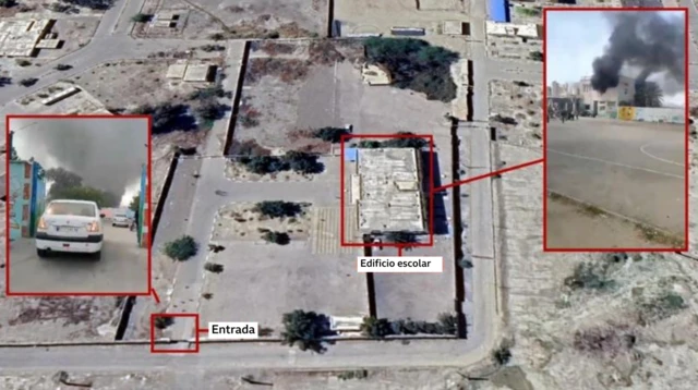 Una vista aérea de dos puntos de la primaria atacada y la comparativa con imágenes de videos