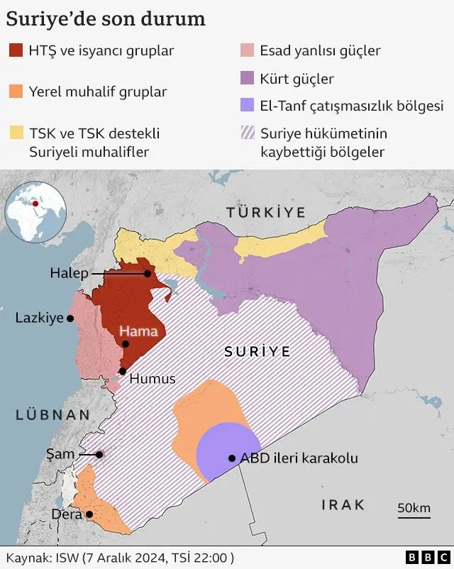 Suriye'de sahada son durumu gösteren harita