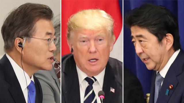 South Korean President Moon Jae-in (L), US President Donald J. Trump (C) and Japanese Prime Minister Shinzo Abe (R) speaking during their trilateral luncheon meeting on the sidelines of the UN General Assembly in New York, USA, 21 September 2017.