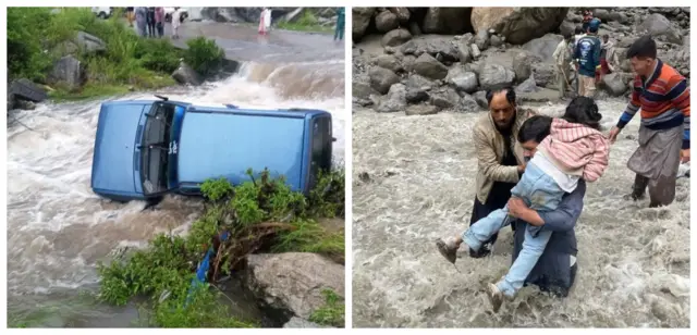 বন্যার পানিতে ভেসে যাচ্ছে গাড়ি (বাঁয়ে), পাকিস্তান শাসিত কাশ্মীরের নীলম উপত্যকায় চলছে উদ্ধার কাজ (ডানে)