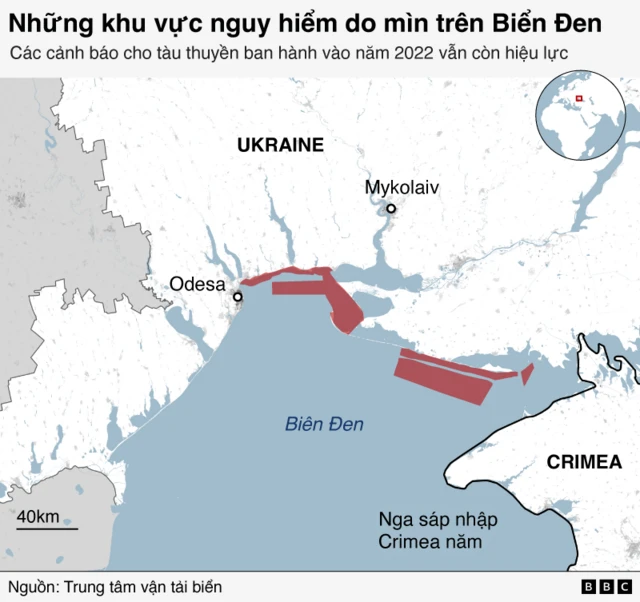 Bản đồ cho thấy các khu vực nguy hiểm do mìn biển ở Biển Đen