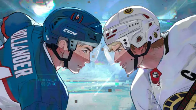 粉絲創作的插畫中，謝恩和伊利亞身穿冰球裝備在畫面中對峙；謝恩位於左側，穿著藍色球衣與頭盔，伊利亞位於右側，穿著白色球衣與頭盔