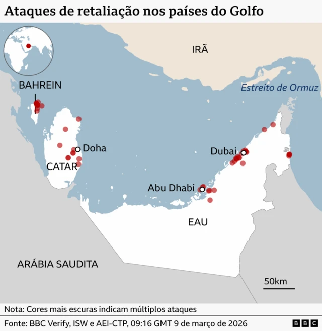 Mapa dos países ao redor do Golfo, destacando Bahrein, Catar e Emirados Árabes Unidos. Os locais de risco estão concentrados principalmente na pequena ilha do Bahrein, na costa leste do Catar e ao longo da costa norte dos Emirados Árabes Unidos, especialmente em torno de Abu Dhabi e Dubai.