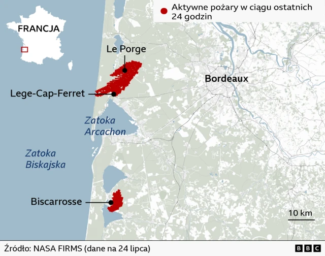 Mapa pokazująca miejsca pożarów