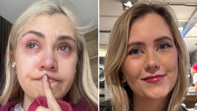 Split pic of 31-year-old Lily who has blonde hair and blue eyes. On the left, her face is tear-stained and she is not wearing make-up. On the right, she is smiling and wearing make-up