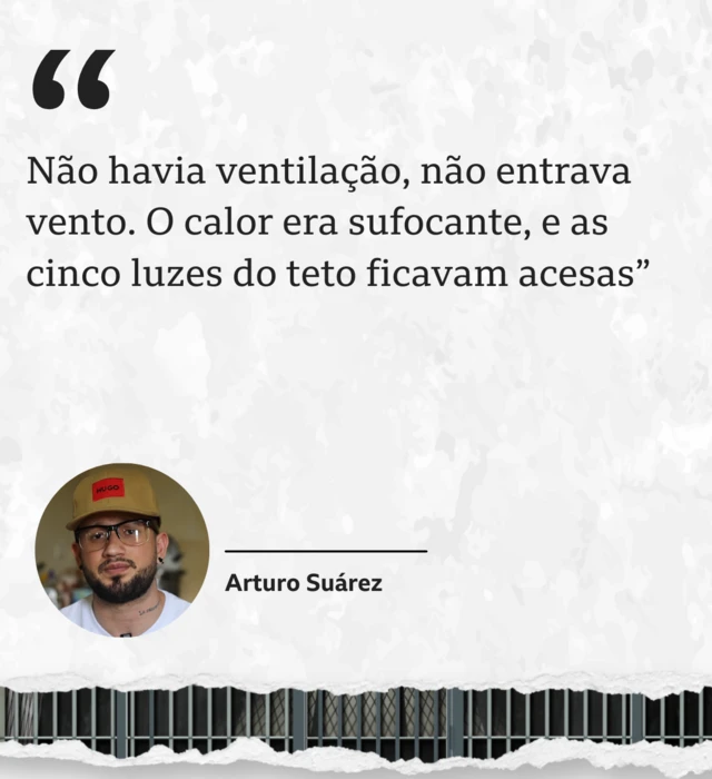 Foto de Arturo Suárez com a seguinte aspa: 'Não havia ventilação, não entrava vento. O calor era sufocante, e as cinco luzes do teto ficavam acesas'