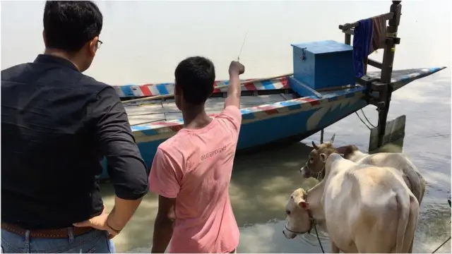 मवेशी नाव से या तैराकर ब्रह्मपुत्र पार भेजे जाते हैं
