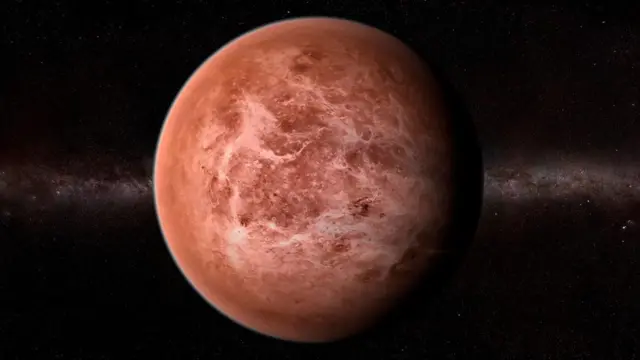 تصویری هنری از سیارهٔ زهره. زهره و زمین هماندازه هستند اما زهره قابل سکونت نیست و دمای سطح آن ۴۶۵ درجهٔ سانتیگراد است، آنقدر داغ که میتواند سرب را ذوب کند.