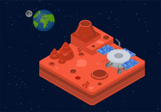Ilustración isométrica de Marte con una sonda exploradora y, de fondo, la Tierra y la Luna.