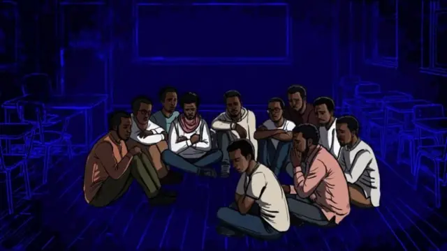 በጨለማ ክፍል የታሰሩ ወጣቶችን የሚያሳይ ሥዕል