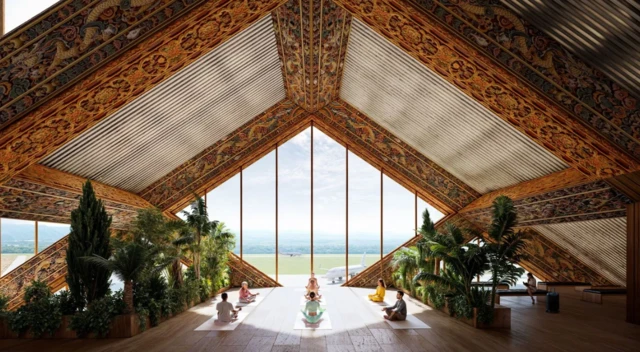 Recreación del futuro aeropuerto de Gelephu. Se ve a varias personas sentadas en el suelo en posición de meditación en la terminal, de madera y con plantas en su interior. Al fondo, una gran ventana da a las pistas, en las que se distinguen dos aviones.