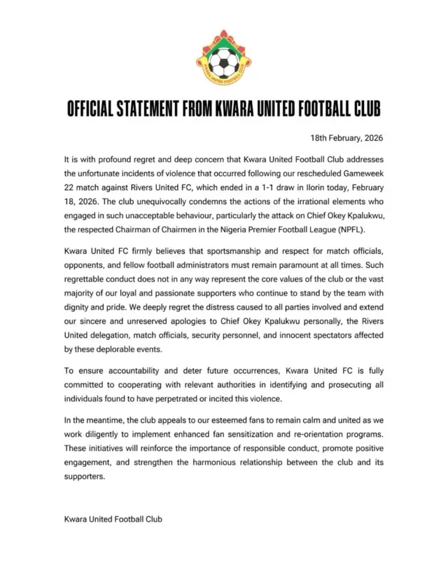 Atejade ti ẹgbẹ agbabọọlu Kwara United fi sita lori iṣẹlẹ naa