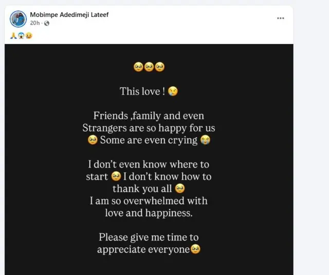 Ọrọ idupẹ ti Mo Bimpe kọ si oju opo Facebook rẹ.