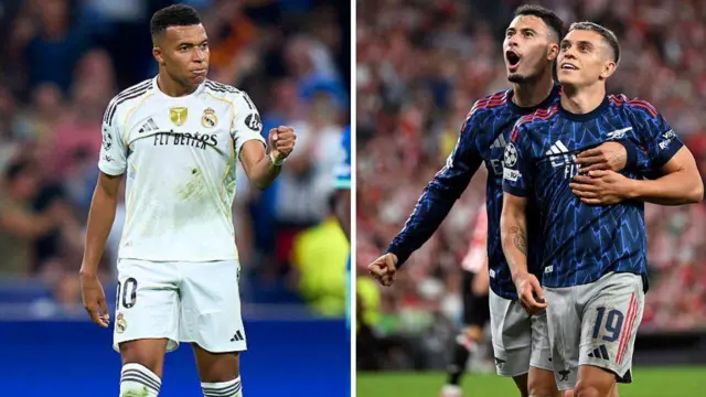 Collage of Kylian Mbappe, and Gabriel Martinelli and Leandro trossard celebrating afta dem score for dia respective clubs for di Champions League - 16 September 2025.