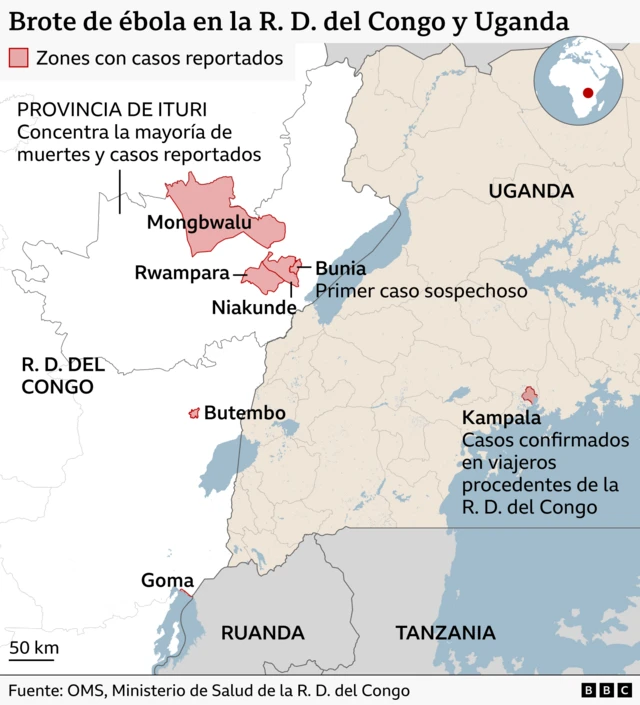 Mapa que muestra la expansión del brote de ébola en la R. D. del Congo y Uganda. 