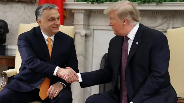 Prezydent USA Donald Trump ściska dłoń premiera Węgier Viktora Orbána podczas spotkania w Gabinecie Owalnym 13 maja 2019 roku w Waszyngtonie.