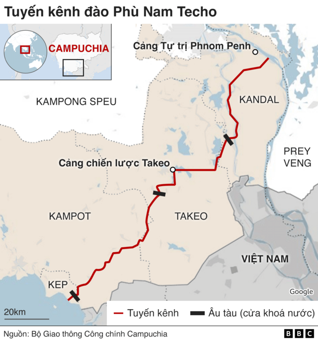 Bản đồ tuyến kênh Phù Nam Techo