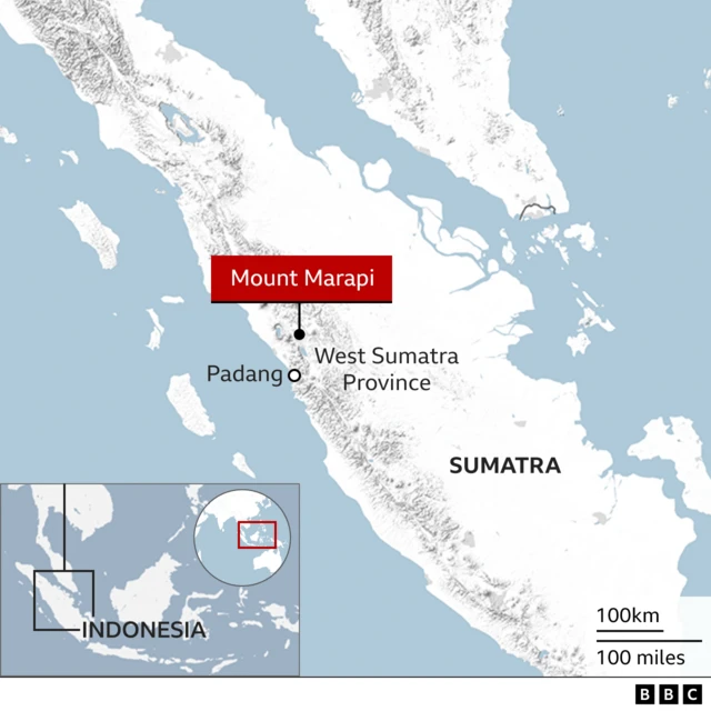 Map showing the location of Mount Marapi in Indonesia
