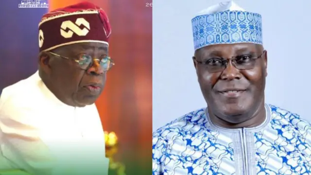 Aarẹ Bola Tinubu wọ aṣọ funfun pẹlu fila pupa, nigba ti Atiku Abubakar wọ buba alawọ buluu ati fila