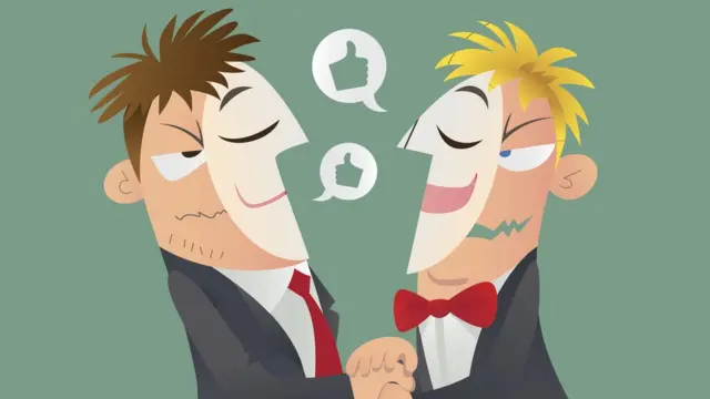 Ilustración de dos hombres con caretas que fingen ser amigos.