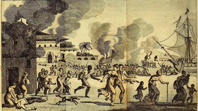 Gravura antiga sobre a revolta dos escravizados no Haiti