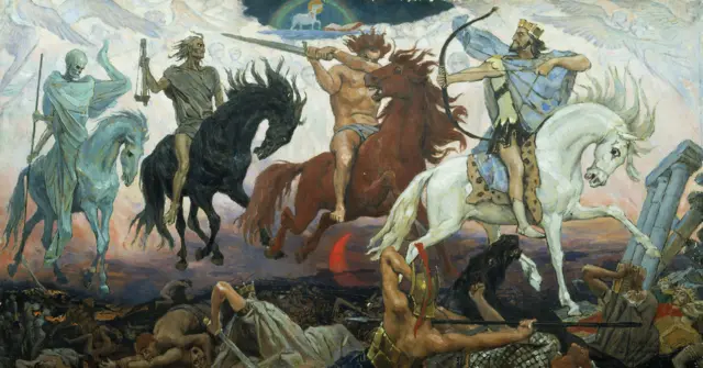 Quatro cavaleiros do apocalipse representados em uma pintura: da esquerda para a direita, a morte montada em um cavalo esverdeado com uma lança, a fome em um cavalo preto segurando uma balança, a guerra em um cavalo vermelho empunhando uma espada, e a conquista em um cavalo branco com coroa e arco. 