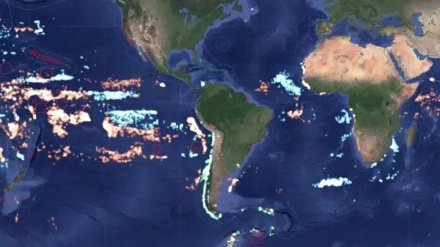 أساطيل الصيد من ثلاث دول: شيلي (باللون الأخضر) والصين (باللون البرتقالي) واليابان (باللون الأزرق)