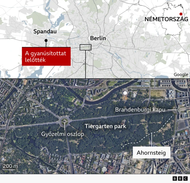 A térkép Berlin nyugati részén fekvő Spandau kerület helyét mutatja, ahol a gyanúsítottat lelőtték és megölték; ezt egy felirat is jelzi.

Egy második térkép a Brandenburgi kaputól balra fekvő Tiergarten parkot ábrázolja, valamint egy felirat jelöli az Ahornsteig útvonalat.