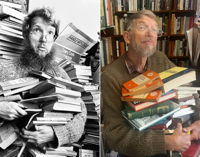 دو عکس از جوانی و پیرسالی دیو میچل بنیانگذار کتابفروی اسکارتین. در هردو عکس او مشتی کتاب در آغوش گرفته