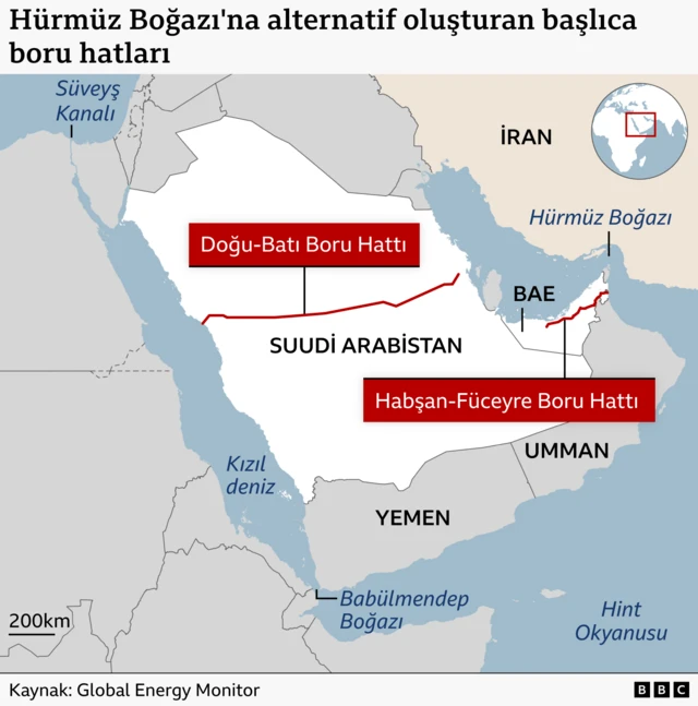 Hürmüz Boğazı'na alternatif oluşturan boru hatlarını gösteren harita