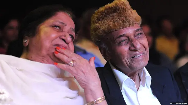 Khayyam alongside his wife Jagjeet Kaur as he attends the live concert Khayyam- the Unplugged a musical tribute to celebrate his 90th birthday in Mumbai late February 26, 2016.
