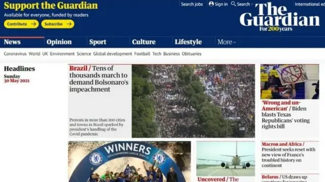 Protestos foram manchete no site do jornal The Guardian