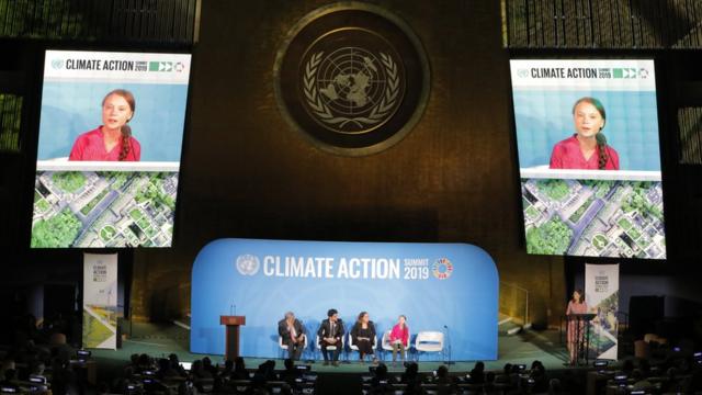 2019年9月23日，16岁的格蕾塔·桑伯格在美国纽约市联合国总部举行的气候行动峰会上发言。