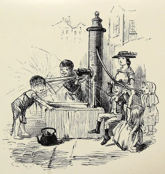 লন্ডনের পাঞ্চ সাময়িকীতে ১৮৫৯ সালে কলেরা নিয়ে প্রকাশিত কার্টুন যাতে আঁকা হয়েছে শিশুরা কলের পাম্পে খেলা করছে