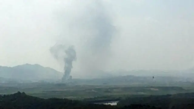 Smoke rises from Kaesong Industrial Complex in this picture taken from the south side in Paju, South Korea