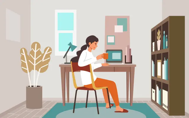 تصویرسازی از زنی با فنجان پشت میز