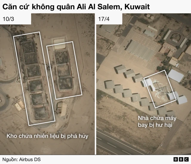 Ảnh vệ tinh cho thấy thiệt hại tại Căn cứ Không quân Ali Al Salem ở Kuwait. Bên trái là các bồn chứa nhiên liệu bị phá hủy, trong khi bên phải là các nhà chứa máy bay bị hư hại.