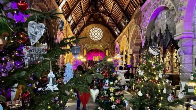 Un interior de iglesia decorado con múltiples árboles de Navidad adornados con adornos y luces, bajo un alto techo de madera con arcos de piedra y una vidriera circular en el extremo más alejado.