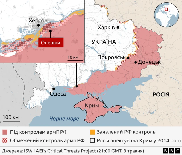 Карта лінії фронту поблизу Олешок