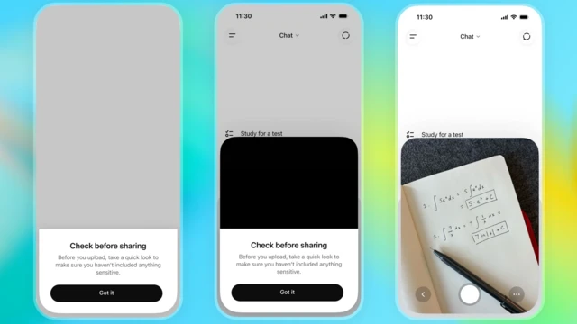 チャットGPTのアプリ画面のスクリーンショットが3枚並べられている。左側と中央の画像には、「共有する前に確認してください」という警告が英語で表示されている。右側の画像には、ノートに数学の問題が書かれている写真が表示されている